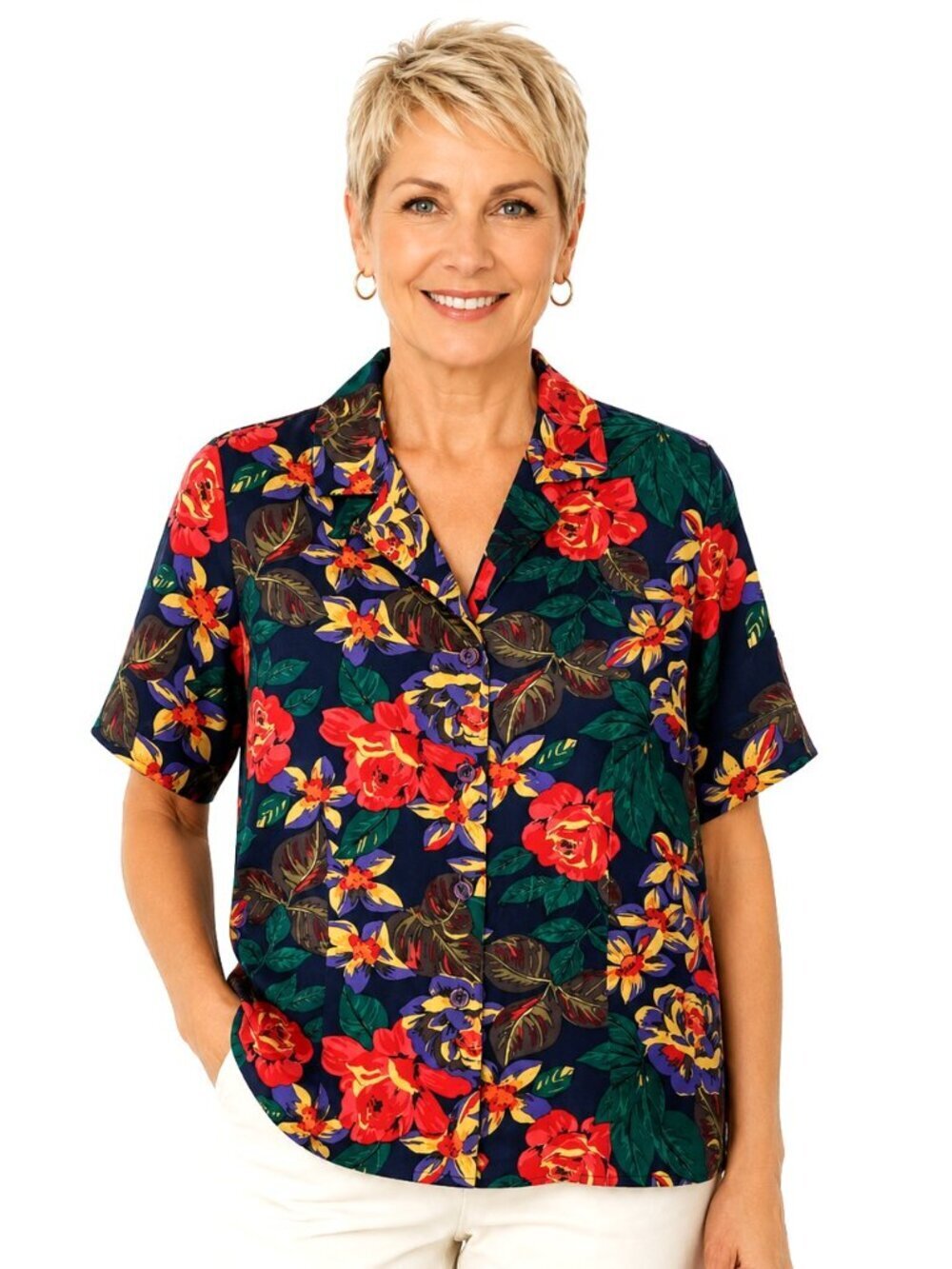 Vintage Talbots Petites Multicolor Jewel Tone Floral Silk Short Sleeve Shirt